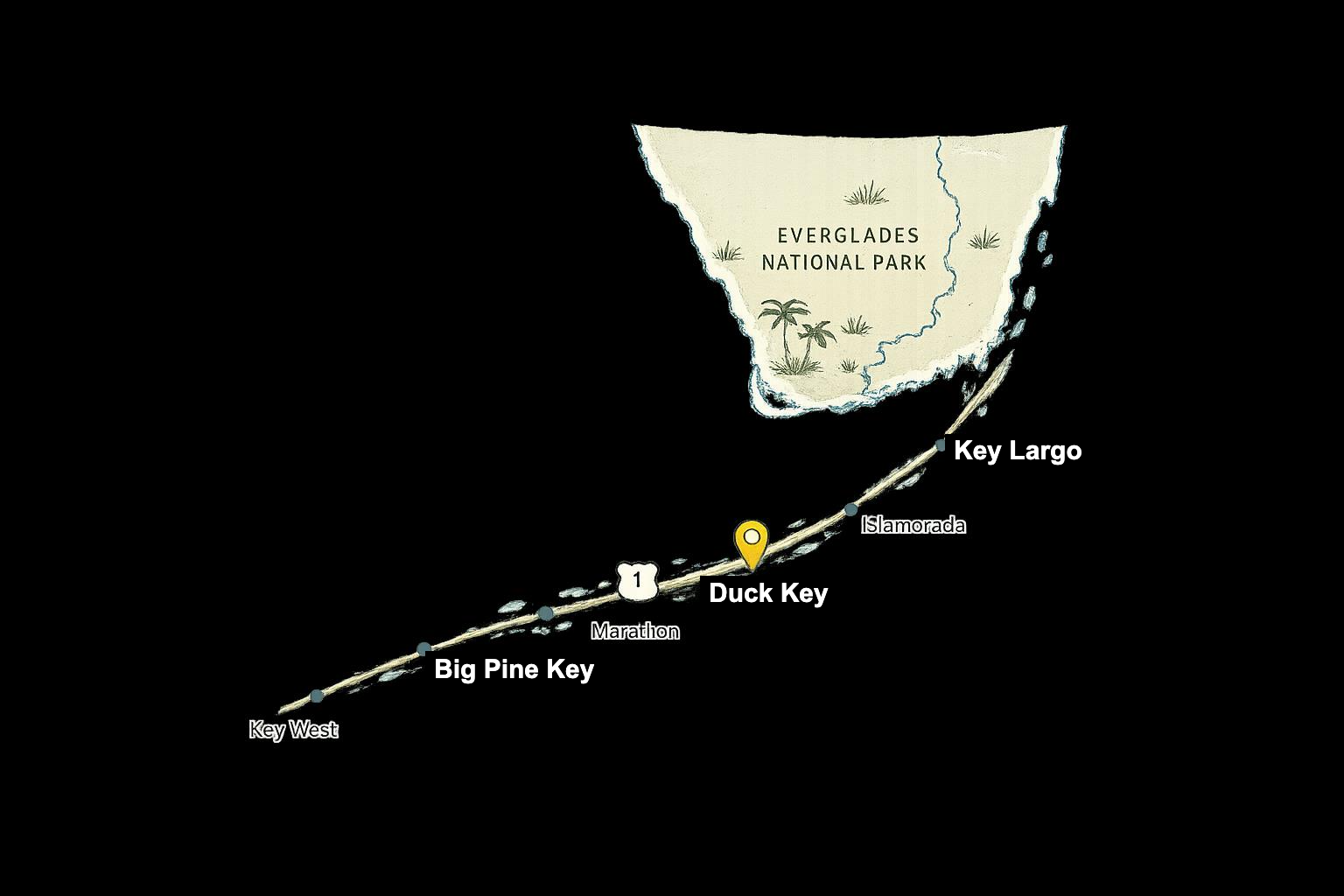 Map of the Florida Keys with Duck Key marked below Everglades National Park